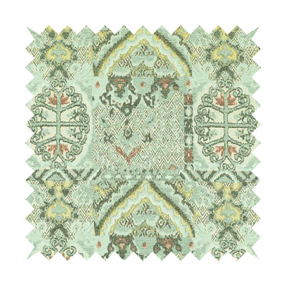 Blue Cream Colour Medallion Patchwork Style Pattern Soft Chenille Upholstery Fabric JO-1246 - Made To Measure Curtains