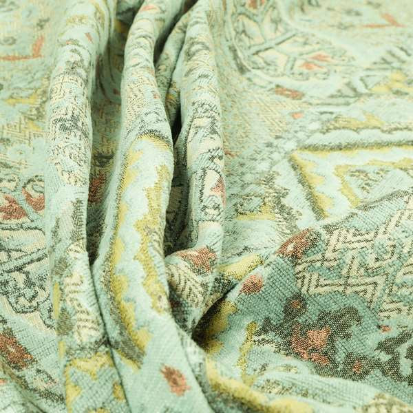 Blue Cream Colour Medallion Patchwork Style Pattern Soft Chenille Upholstery Fabric JO-1246
