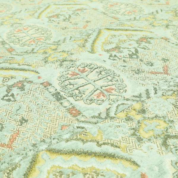 Blue Cream Colour Medallion Patchwork Style Pattern Soft Chenille Upholstery Fabric JO-1246 - Made To Measure Curtains