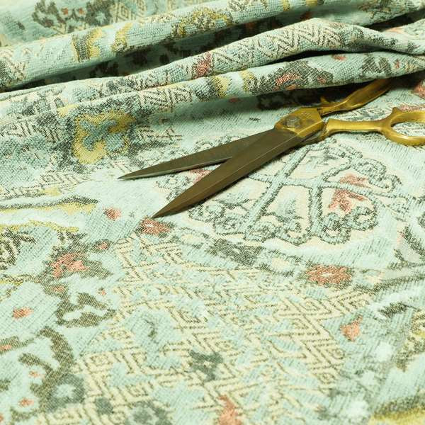 Blue Cream Colour Medallion Patchwork Style Pattern Soft Chenille Upholstery Fabric JO-1246 - Roman Blinds