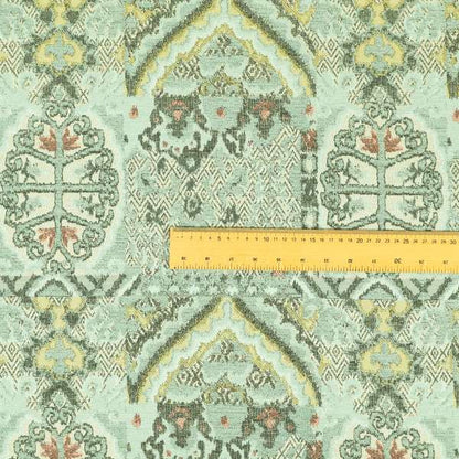 Blue Cream Colour Medallion Patchwork Style Pattern Soft Chenille Upholstery Fabric JO-1246 - Roman Blinds