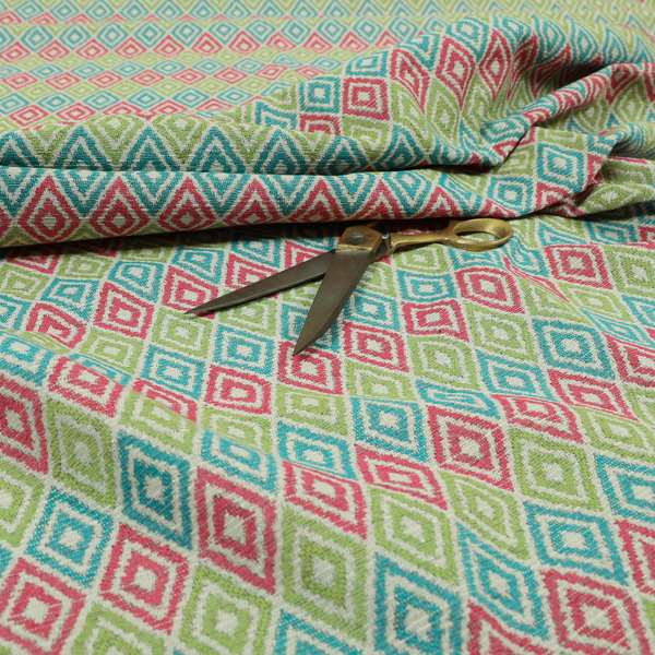 Diamond Geometric Modern Pattern Teal Pink Green Colour Chenille Curtains Upholstery Fabric JO-1249 - Made To Measure Curtains