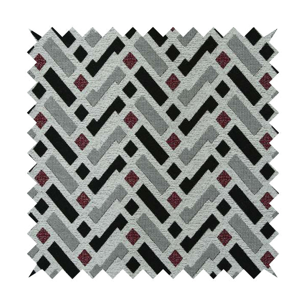 Fantasque Chevron Striped Pattern Furnishing Fabric In White Black Red Colours Woven Soft Chenille Fabric JO-125 - Made To Measure Curtains