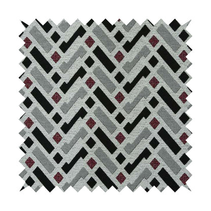 Fantasque Chevron Striped Pattern Furnishing Fabric In White Black Red Colours Woven Soft Chenille Fabric JO-125 - Made To Measure Curtains