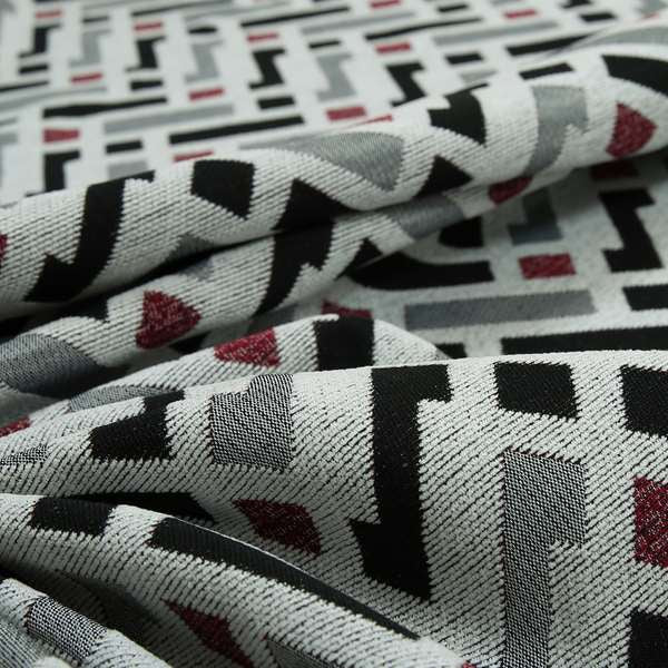 Fantasque Chevron Striped Pattern Furnishing Fabric In White Black Red Colours Woven Soft Chenille Fabric JO-125 - Made To Measure Curtains