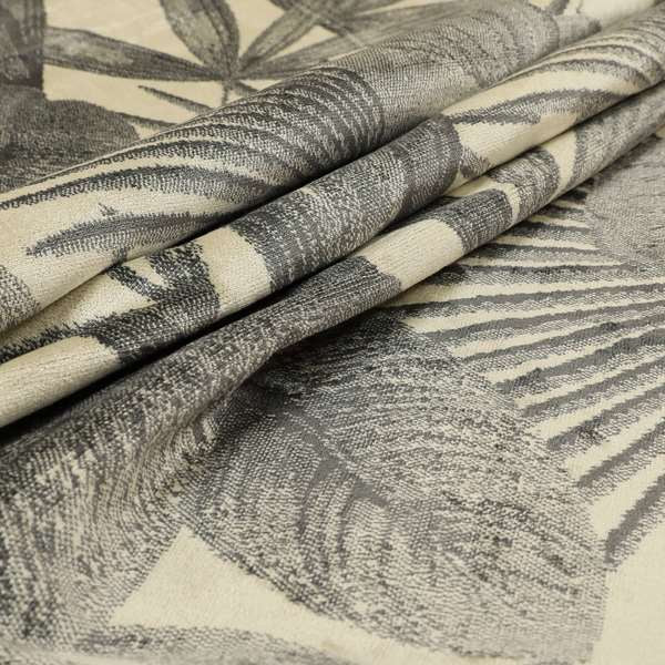 Jungle Floral Pattern Velvet Material Cream Grey Colour Upholstery Fabric JO-1255 - Made To Measure Curtains