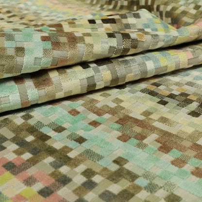 Pastel Tones Grey Brown Beige Pink Colour Cubed Geometric Pattern Cut Velvet Furnishings Fabric JO-1260 - Roman Blinds