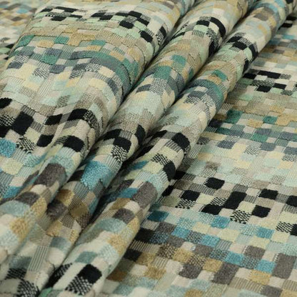 Muted Tones Blues Beige Grey Colour Cubed Geometric Pattern Cut Velvet Furnishings Fabric JO-1261 - Roman Blinds