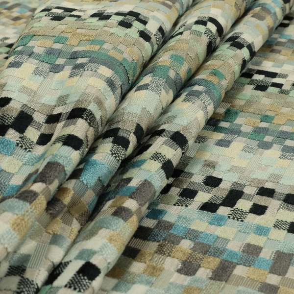 Muted Tones Blues Beige Grey Colour Cubed Geometric Pattern Cut Velvet Furnishings Fabric JO-1261 - Handmade Cushions