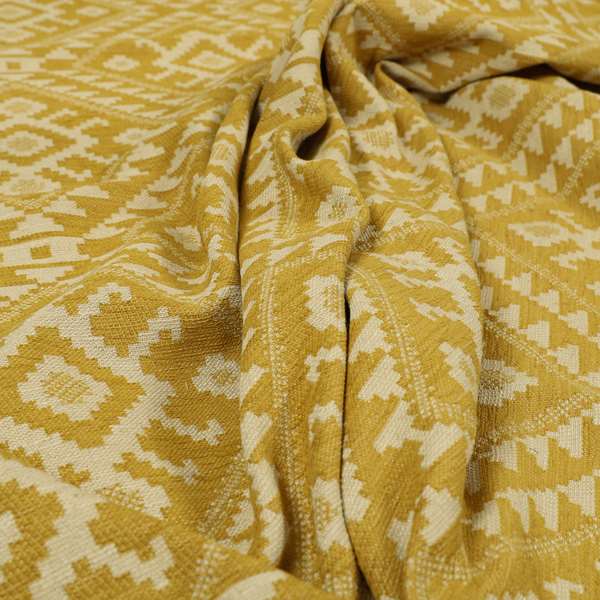 Yellow Cream Colour Kilim Aztec Pattern Furnishing Fabric JO-1290 - Made To Measure Curtains