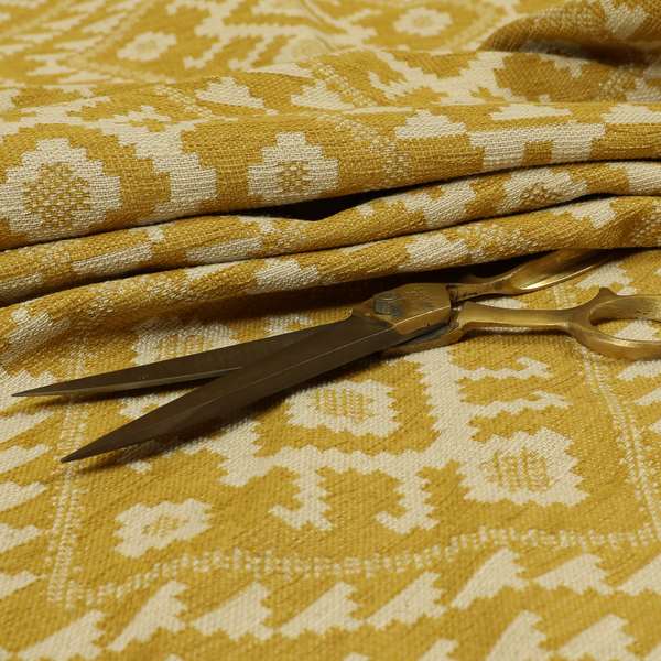 Yellow Cream Colour Kilim Aztec Pattern Furnishing Fabric JO-1290 - Made To Measure Curtains