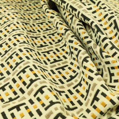 Cream Black Brown Yellow Geometric Pattern Chenille Upholstery Fabric JO-1292 - Made To Measure Curtains