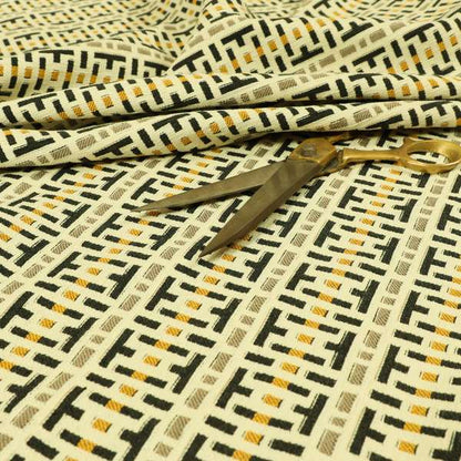 Cream Black Brown Yellow Geometric Pattern Chenille Upholstery Fabric JO-1292 - Made To Measure Curtains