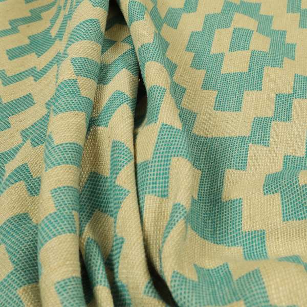 Blue Cream Colour Cubed Tetris Pattern Furnishing Upholstery Fabric JO-1295 - Made To Measure Curtains