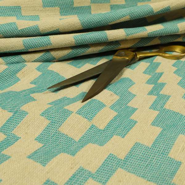 Blue Cream Colour Cubed Tetris Pattern Furnishing Upholstery Fabric JO-1295 - Made To Measure Curtains