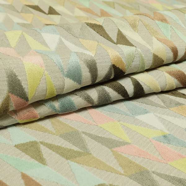 Pastel Tones Brown Pink Yellow Blue Grey Colours Of Geometric Pattern Furnishing Velvet Upholstery Fabric JO-1306 - Roman Blinds