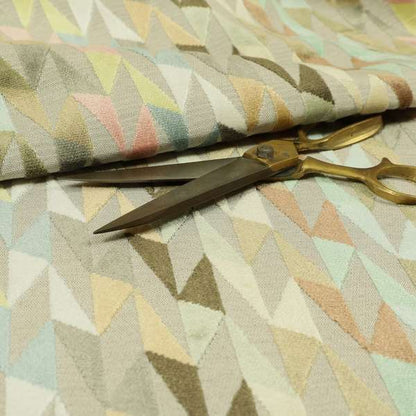 Pastel Tones Brown Pink Yellow Blue Grey Colours Of Geometric Pattern Furnishing Velvet Upholstery Fabric JO-1306 - Roman Blinds