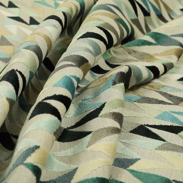 Pastel Tones Blue Grey Teal White Colours Of Geometric Pattern Furnishing Velvet Upholstery Fabric JO-1307 - Roman Blinds