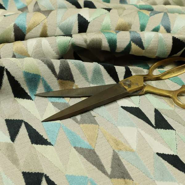 Pastel Tones Blue Grey Teal White Colours Of Geometric Pattern Furnishing Velvet Upholstery Fabric JO-1307 - Made To Measure Curtains