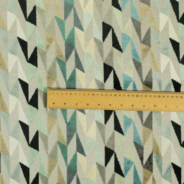 Pastel Tones Blue Grey Teal White Colours Of Geometric Pattern Furnishing Velvet Upholstery Fabric JO-1307 - Roman Blinds