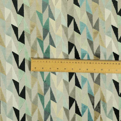 Pastel Tones Blue Grey Teal White Colours Of Geometric Pattern Furnishing Velvet Upholstery Fabric JO-1307 - Roman Blinds