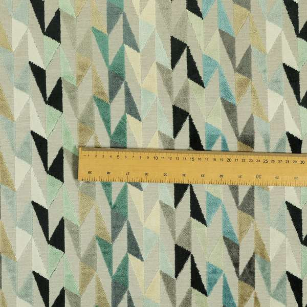 Pastel Tones Blue Grey Teal White Colours Of Geometric Pattern Furnishing Velvet Upholstery Fabric JO-1307
