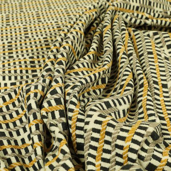 Cream Black Brown Yellow Horizontal Striped Pattern Geometric Chenille Upholstery Fabric JO-1310 - Made To Measure Curtains