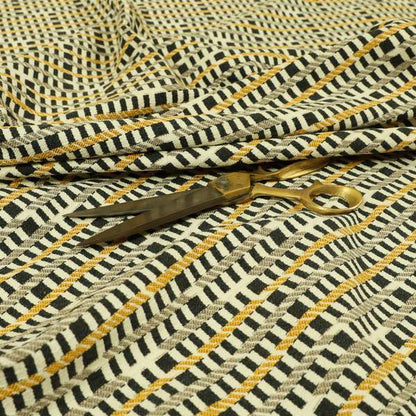 Cream Black Brown Yellow Horizontal Striped Pattern Geometric Chenille Upholstery Fabric JO-1310 - Roman Blinds