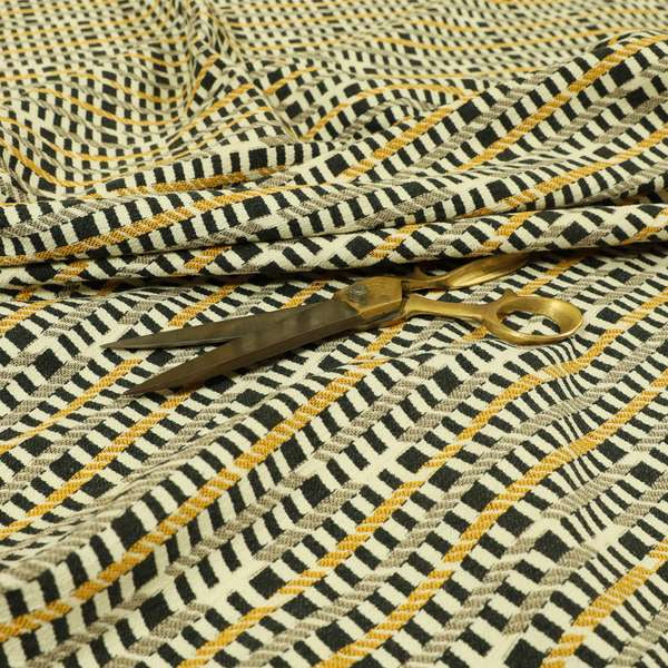 Cream Black Brown Yellow Horizontal Striped Pattern Geometric Chenille Upholstery Fabric JO-1310 - Made To Measure Curtains