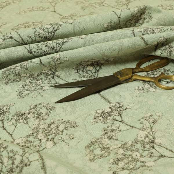 Green Background With White Buds Floral Pattern Soft Chenille Upholstery Fabric JO-1320 - Made To Measure Curtains