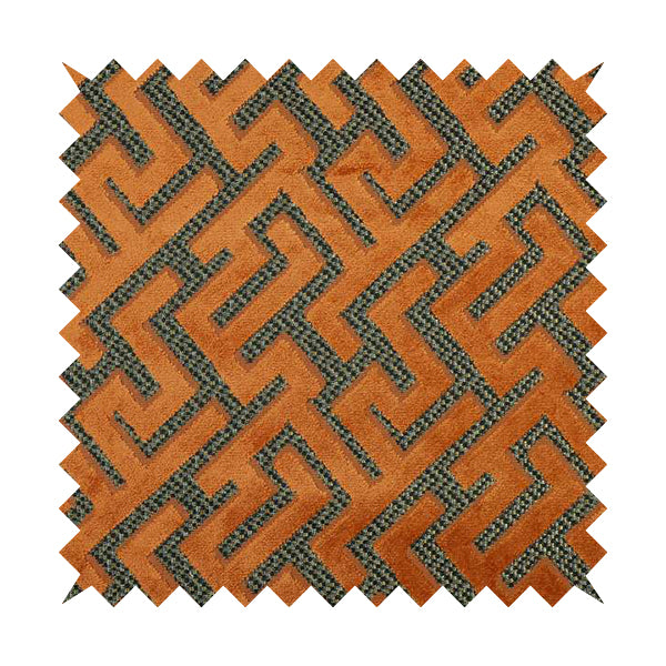 Orange Velvet Greek Key Pattern Material Furnishing Upholstery Fabric JO-1322 - Made To Measure Curtains