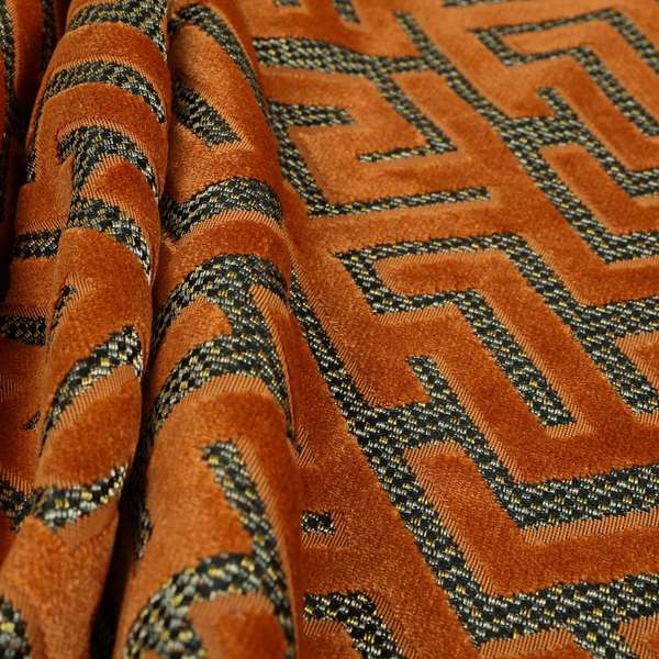 Orange Velvet Greek Key Pattern Material Furnishing Upholstery Fabric JO-1322 - Made To Measure Curtains