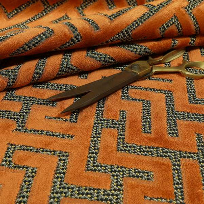 Orange Velvet Greek Key Pattern Material Furnishing Upholstery Fabric JO-1322 - Made To Measure Curtains