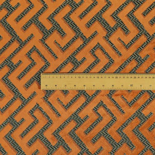 Orange Velvet Greek Key Pattern Material Furnishing Upholstery Fabric JO-1322 - Made To Measure Curtains