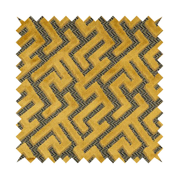 Golden Yellow Velvet Greek Key Pattern Material Furnishing Upholstery Fabric JO-1323 - Made To Measure Curtains