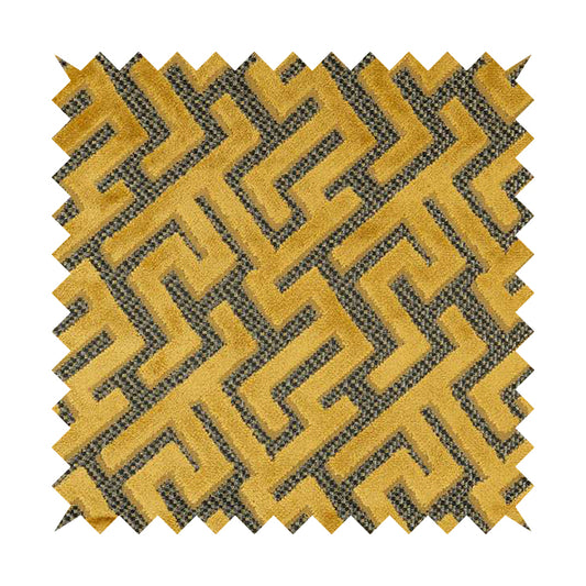 Golden Yellow Velvet Greek Key Pattern Material Furnishing Upholstery Fabric JO-1323