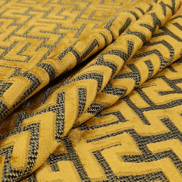 Golden Yellow Velvet Greek Key Pattern Material Furnishing Upholstery Fabric JO-1323 - Made To Measure Curtains