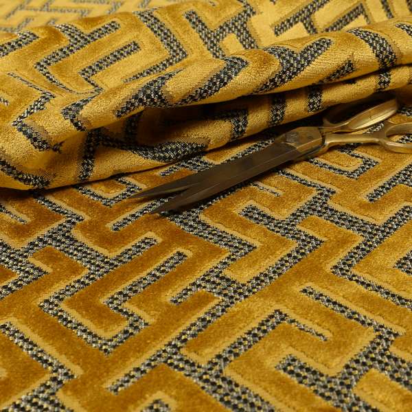 Golden Yellow Velvet Greek Key Pattern Material Furnishing Upholstery Fabric JO-1323 - Roman Blinds