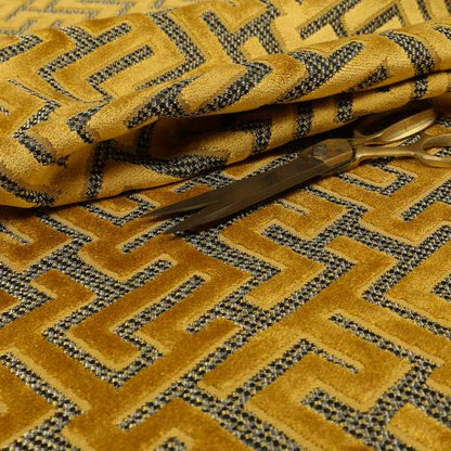 Golden Yellow Velvet Greek Key Pattern Material Furnishing Upholstery Fabric JO-1323 - Roman Blinds