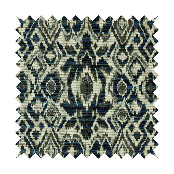 Tribal Ikat Inspired Pattern In Soft Chenille Material White Brown Blue Colour Upholstery Fabric JO-1328 - Made To Measure Curtains