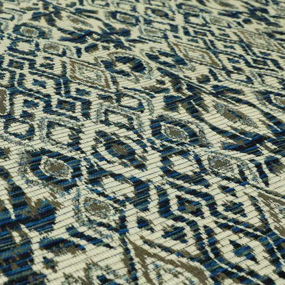 Tribal Ikat Inspired Pattern In Soft Chenille Material White Brown Blue Colour Upholstery Fabric JO-1328