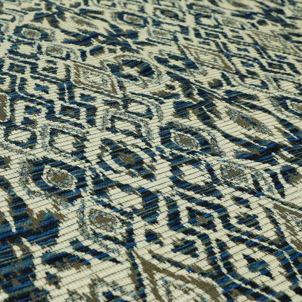 Tribal Ikat Inspired Pattern In Soft Chenille Material White Brown Blue Colour Upholstery Fabric JO-1328 - Made To Measure Curtains