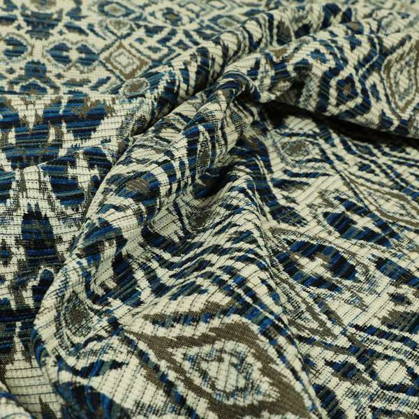 Tribal Ikat Inspired Pattern In Soft Chenille Material White Brown Blue Colour Upholstery Fabric JO-1328 - Handmade Cushions