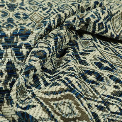 Tribal Ikat Inspired Pattern In Soft Chenille Material White Brown Blue Colour Upholstery Fabric JO-1328 - Made To Measure Curtains