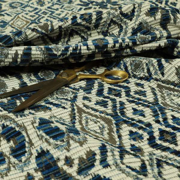 Tribal Ikat Inspired Pattern In Soft Chenille Material White Brown Blue Colour Upholstery Fabric JO-1328