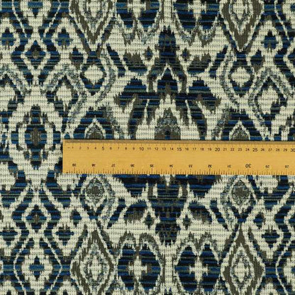 Tribal Ikat Inspired Pattern In Soft Chenille Material White Brown Blue Colour Upholstery Fabric JO-1328 - Made To Measure Curtains