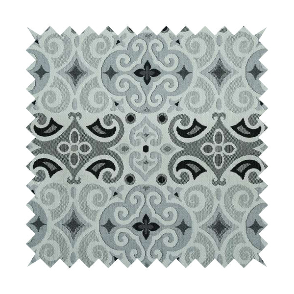 Victoria Medallion Design Fabric In White Black Grey Woven Soft Chenille Furnishing Fabric JO-133 - Made To Measure Curtains