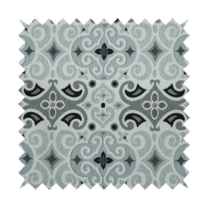 Victoria Medallion Design Fabric In White Black Grey Woven Soft Chenille Furnishing Fabric JO-133 - Made To Measure Curtains