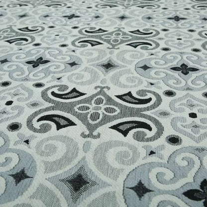 Victoria Medallion Design Fabric In White Black Grey Woven Soft Chenille Furnishing Fabric JO-133