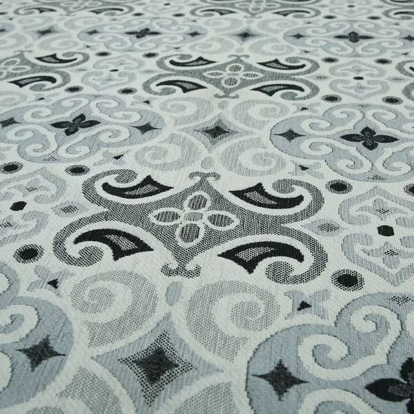 Victoria Medallion Design Fabric In White Black Grey Woven Soft Chenille Furnishing Fabric JO-133 - Made To Measure Curtains